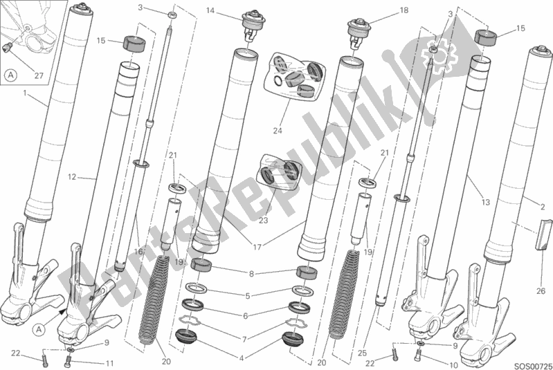 All parts for the Front Fork of the Ducati Monster 1200 USA 2019